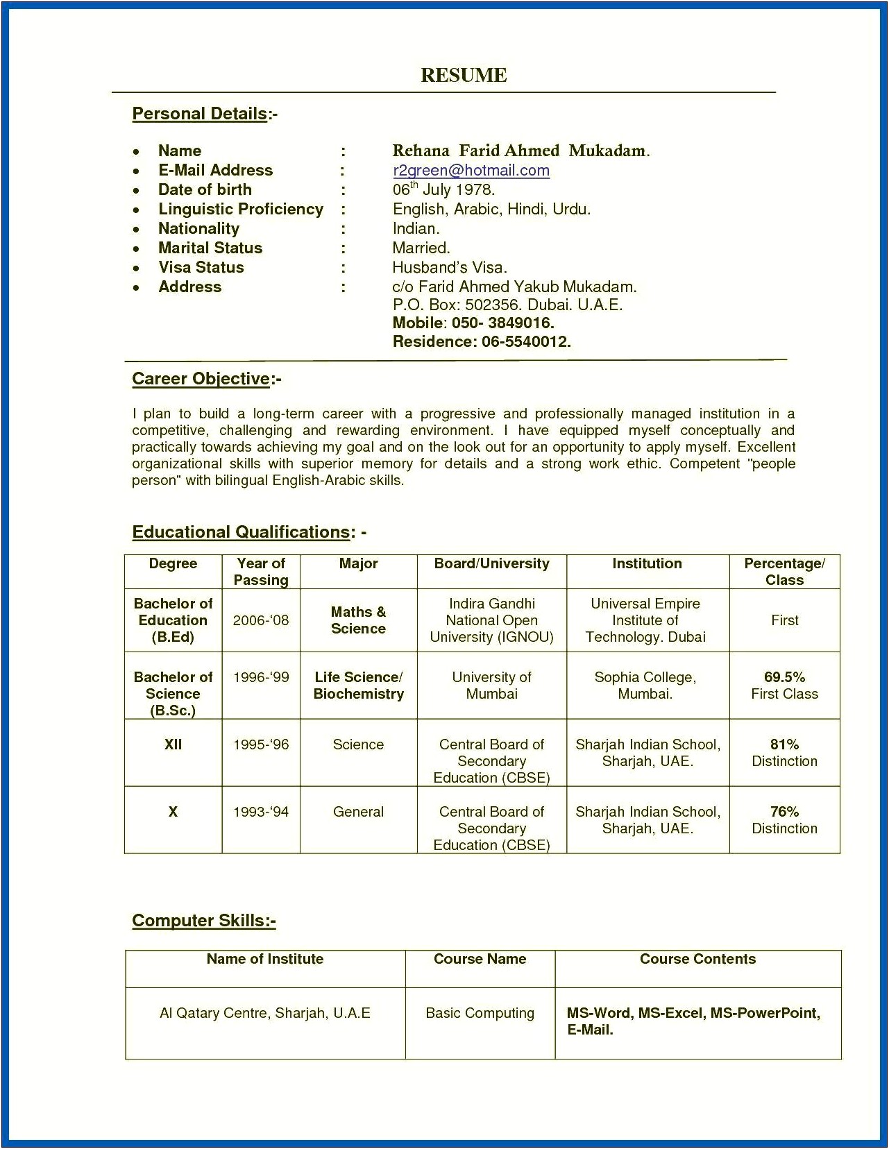 Resume Examples For Jobs In India