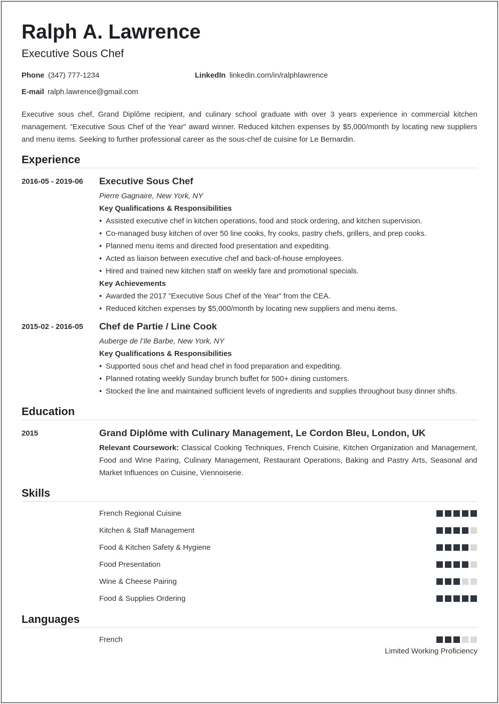 Resume Examples For Line Cook Management