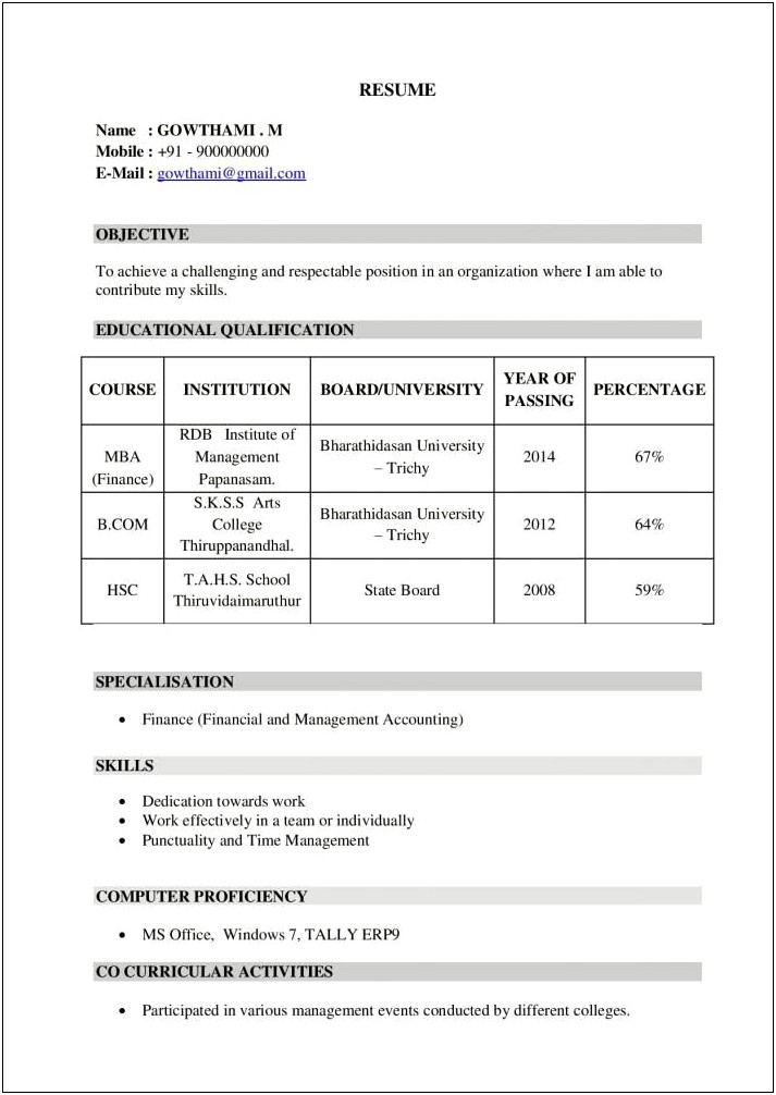 Resume Examples For Mba Finance Freshers
