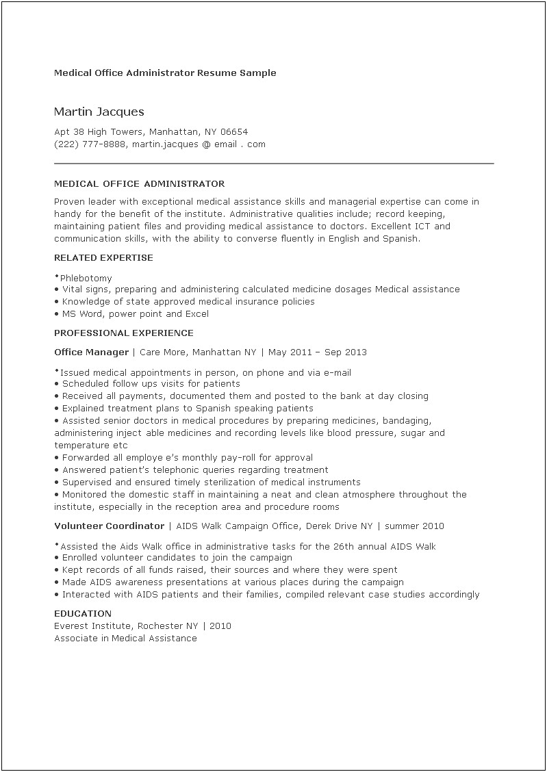 Resume Examples For Medical Office Administration