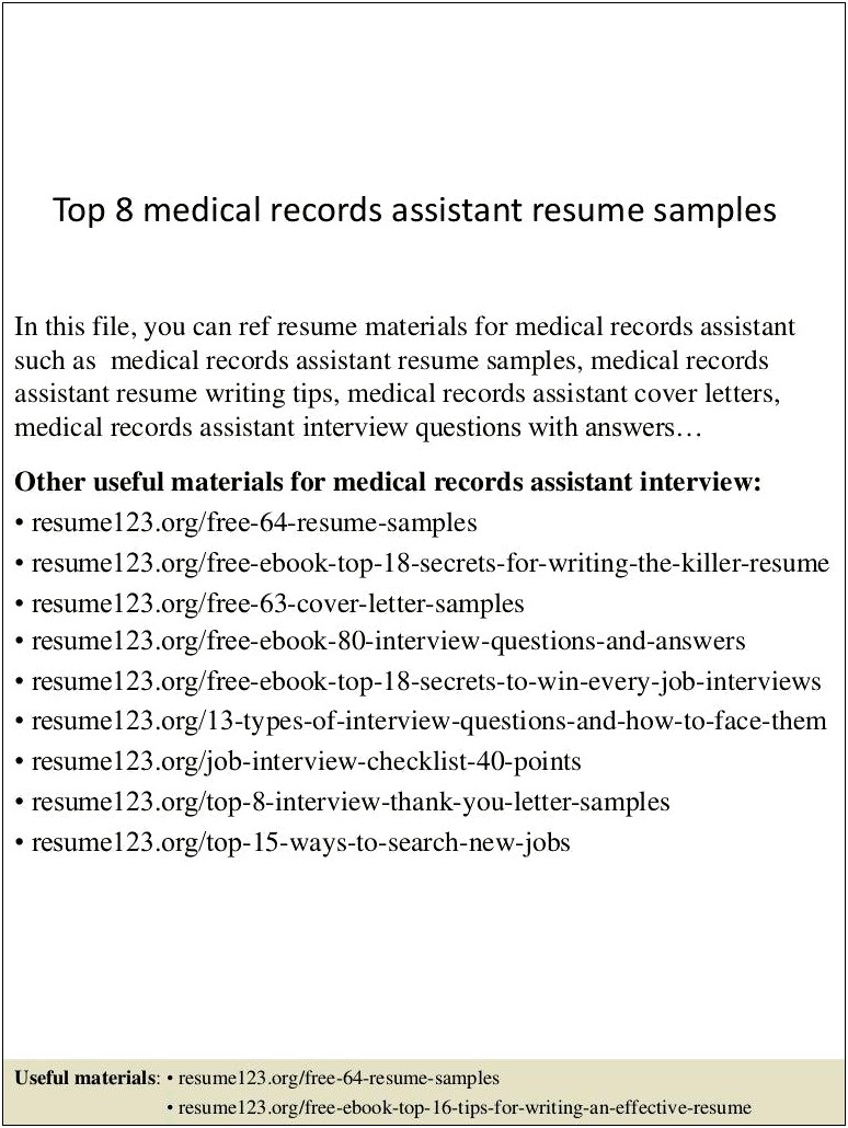 Resume Examples For Medical Records Assistant