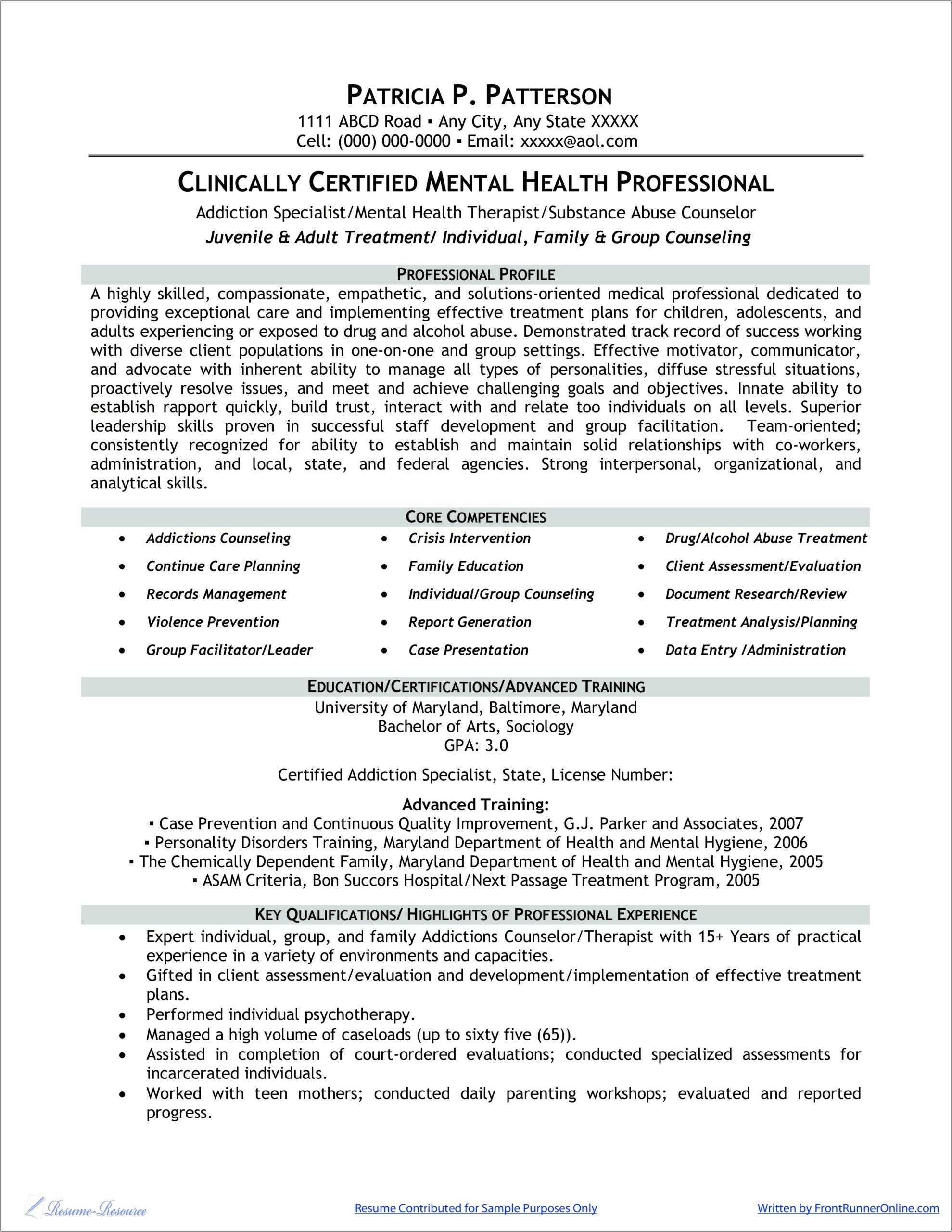 Resume Examples For Mental Health Professionals