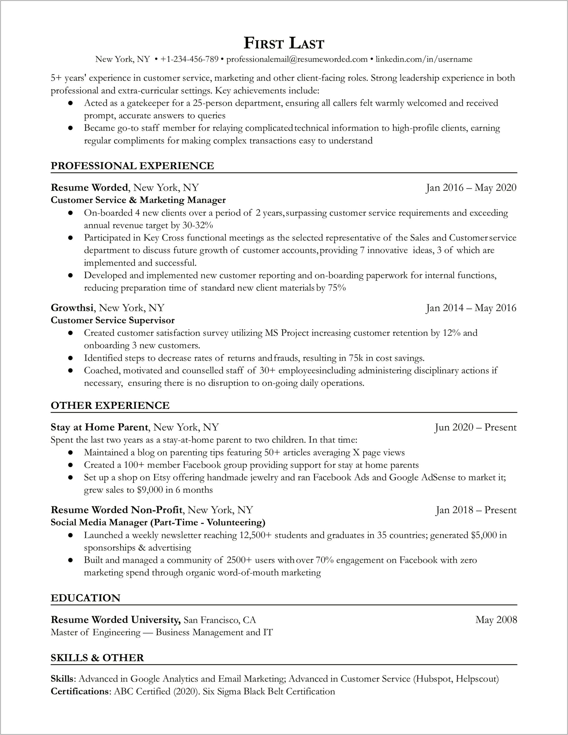 Resume Examples For Returning To Workforce