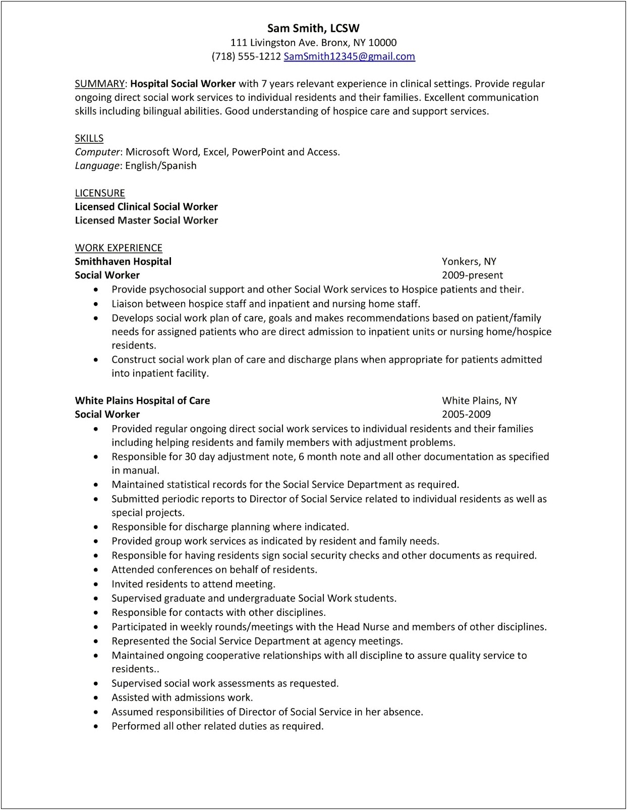Resume Examples For Social Work Students