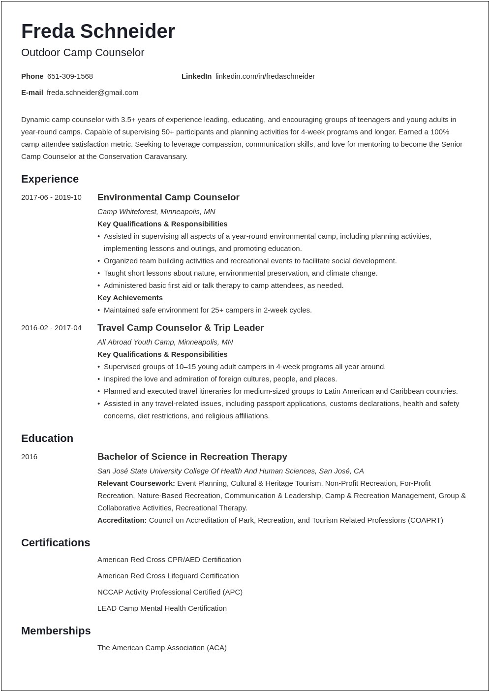 Resume Examples For Summer Camp Leader