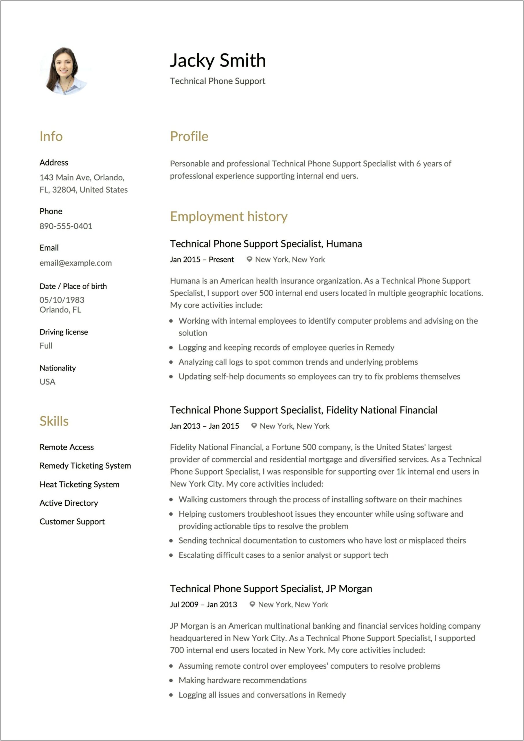 Resume Examples For Technical Support Specialist