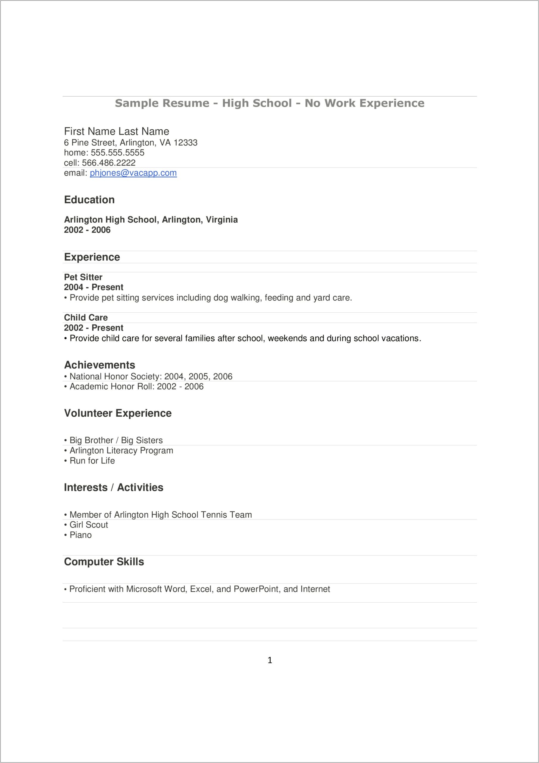 Resume Examples For Teenager With No Work Experience