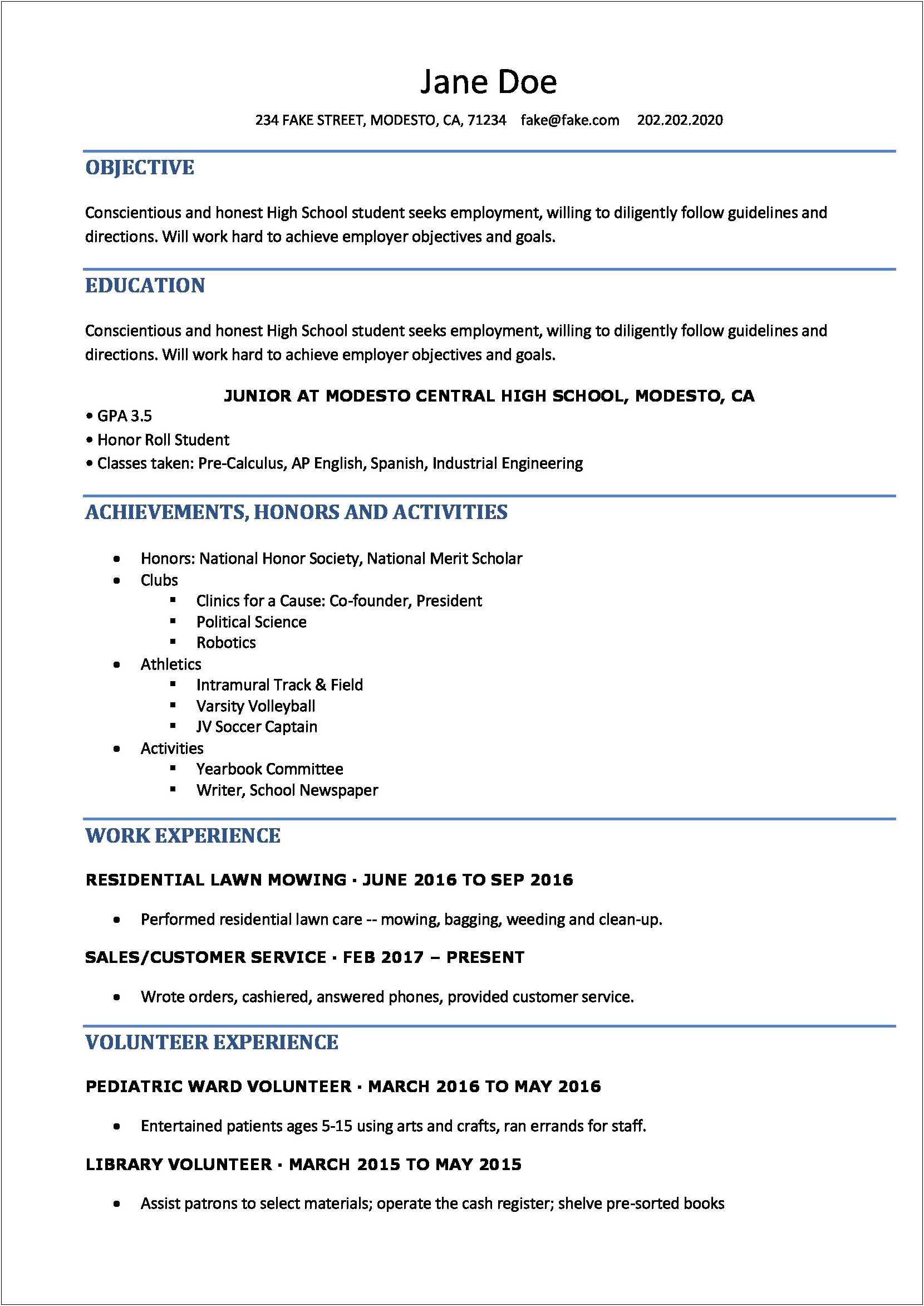 Resume Examples For Teens In High School