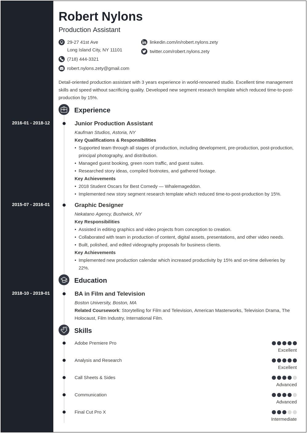 Resume Examples For Television Production Assistant