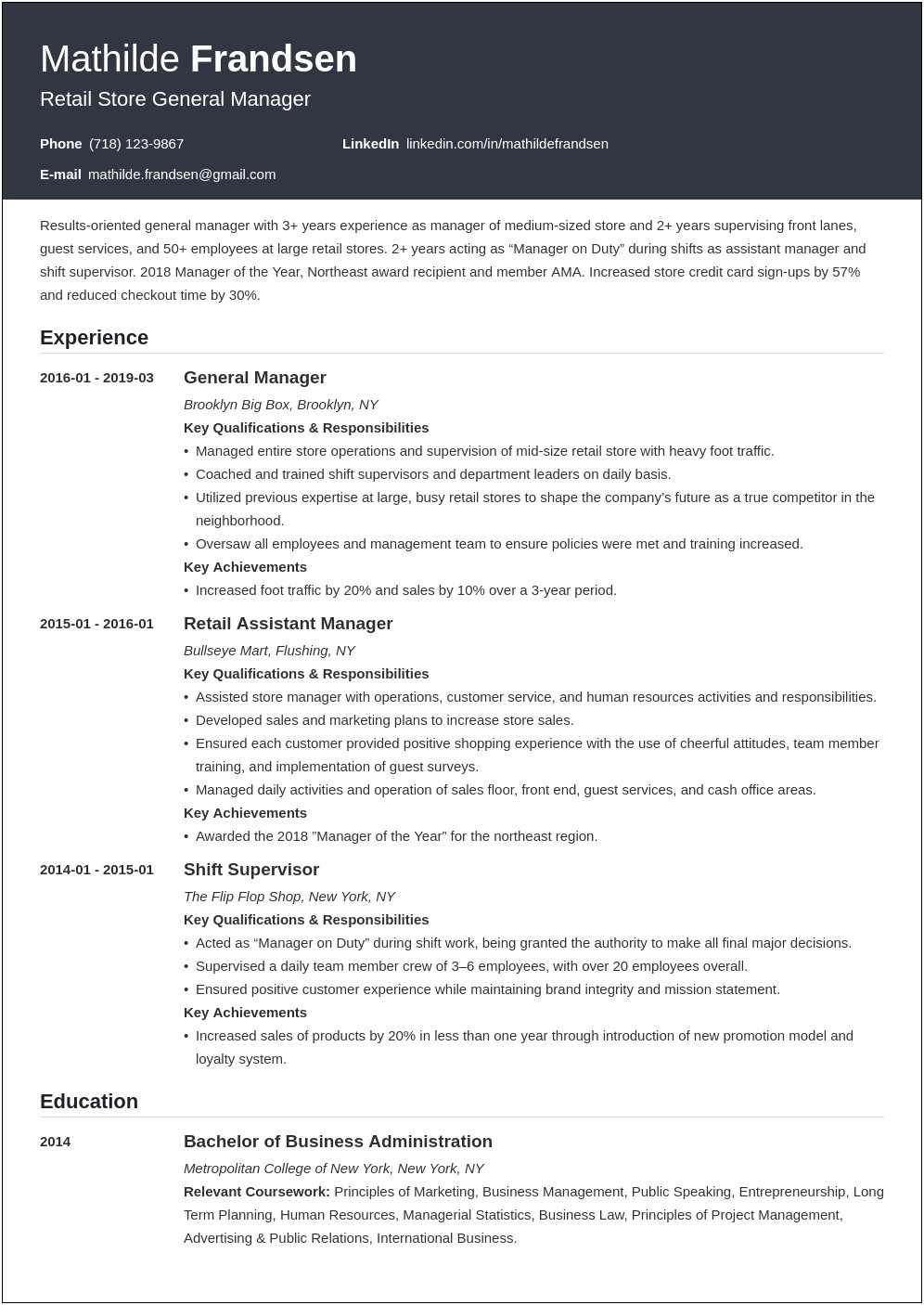 Resume Examples General Manager Tire Store