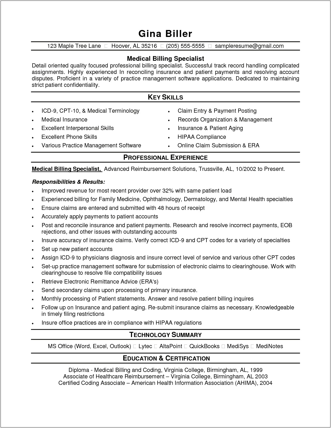 Resume Examples Medical Billing And Coding