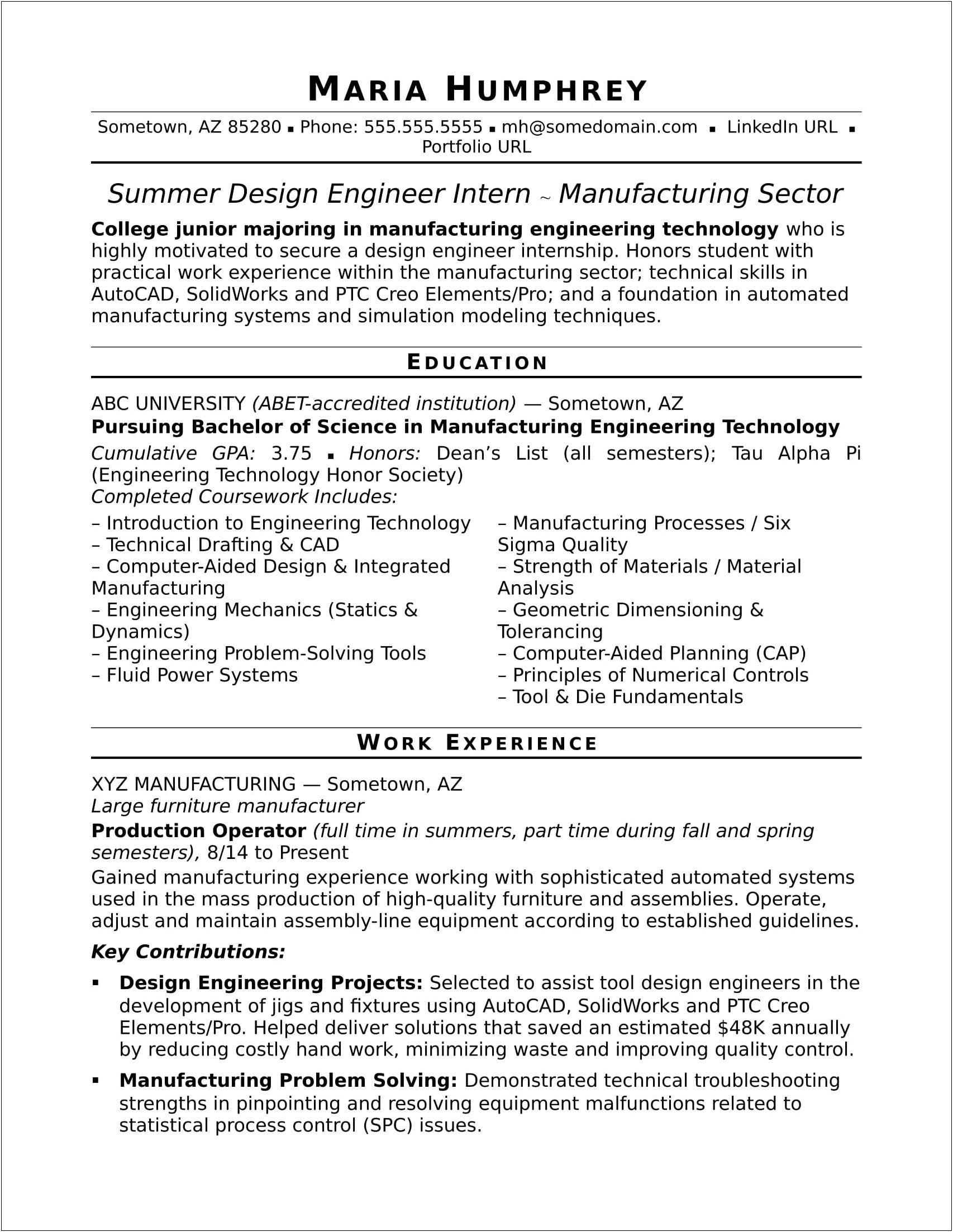 Resume Examples Of Engineers For Internship