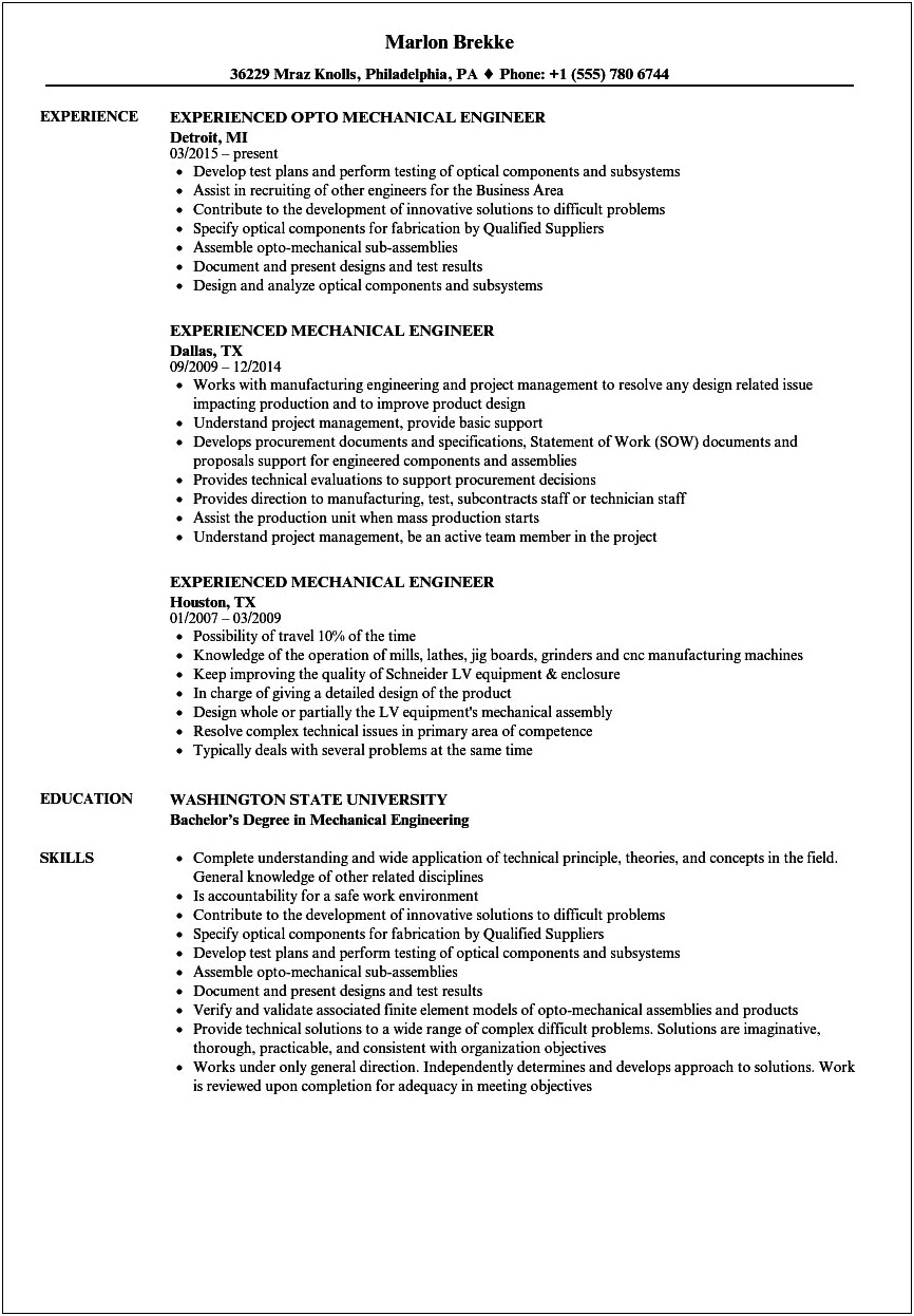 Resume Examples Of Professional Summary For Mechanical Engineering