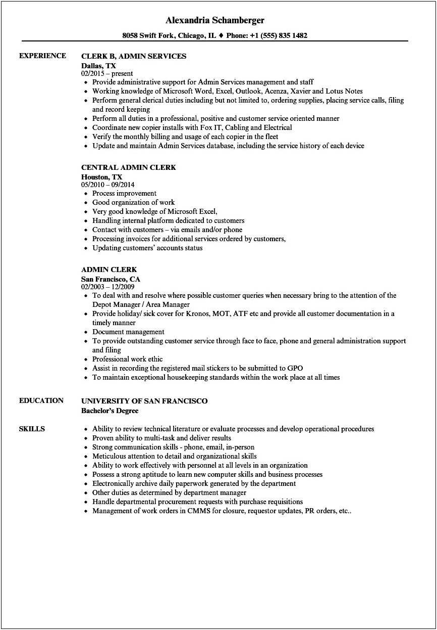 Resume Examples To Apply For Clerical Administration
