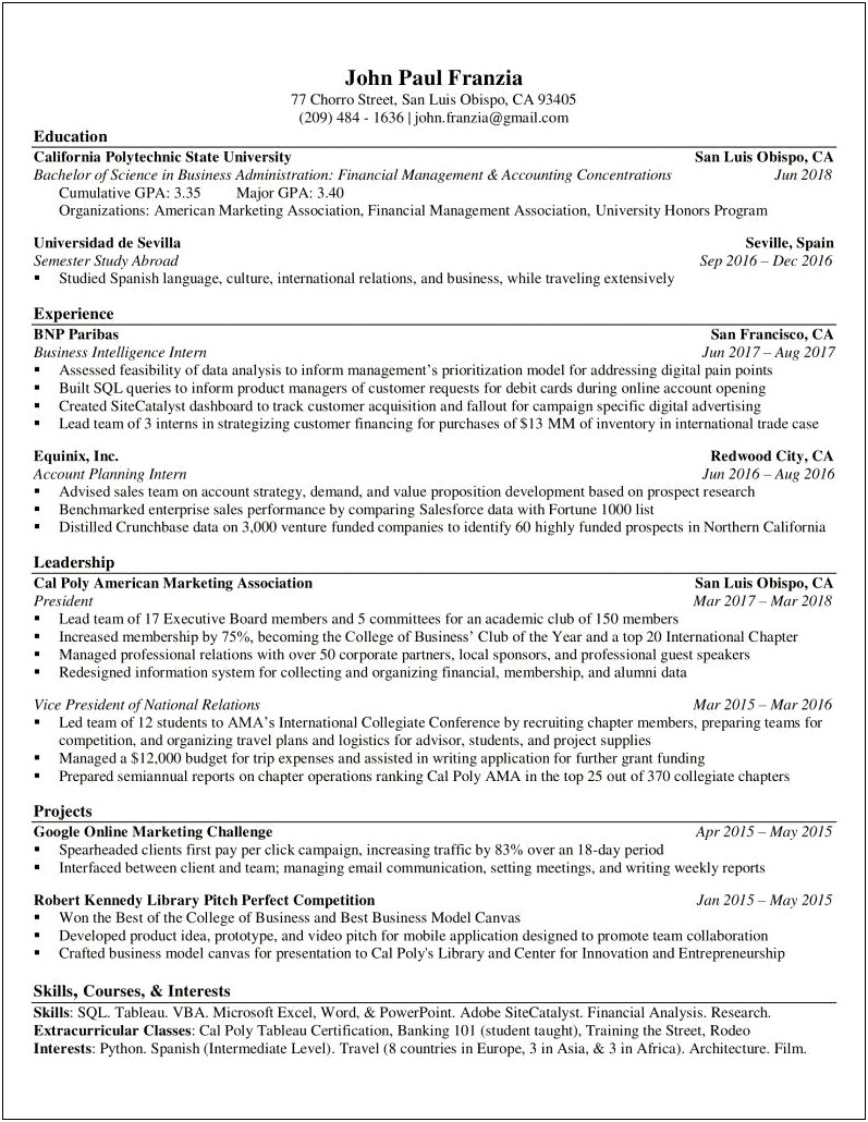 Resume Examples With Concentration With Major