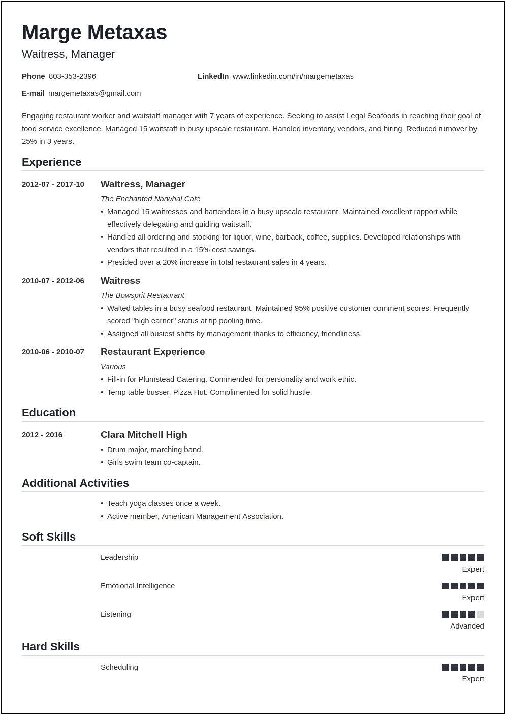 Resume Examples With Restaurant Experience To Highlight Teamwork