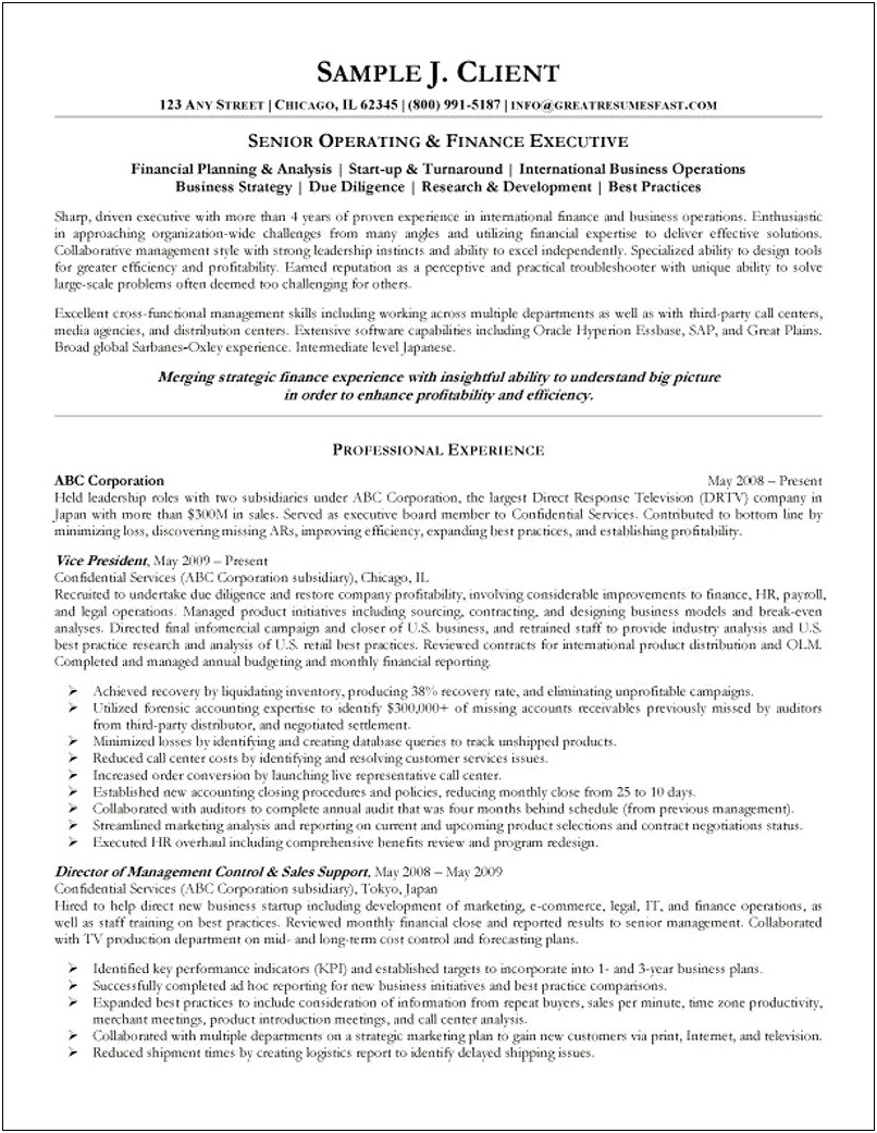 Resume Executive Summary Example Strategic Operations