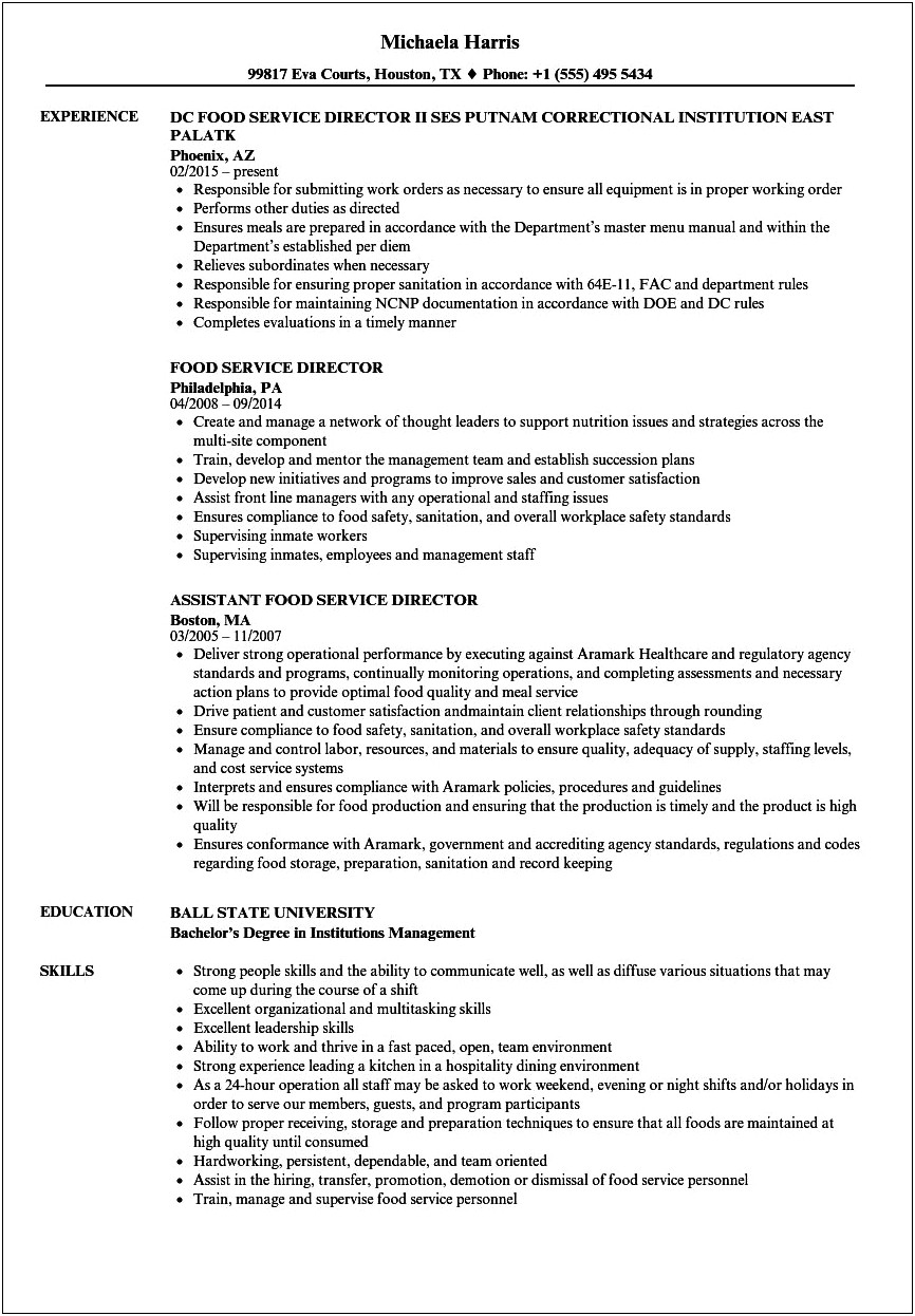 Resume Experience Examples For Food Service