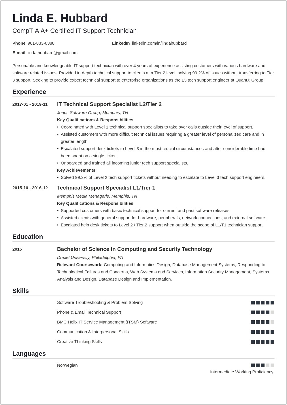 Resume For 2 Years Experience In Technical Support