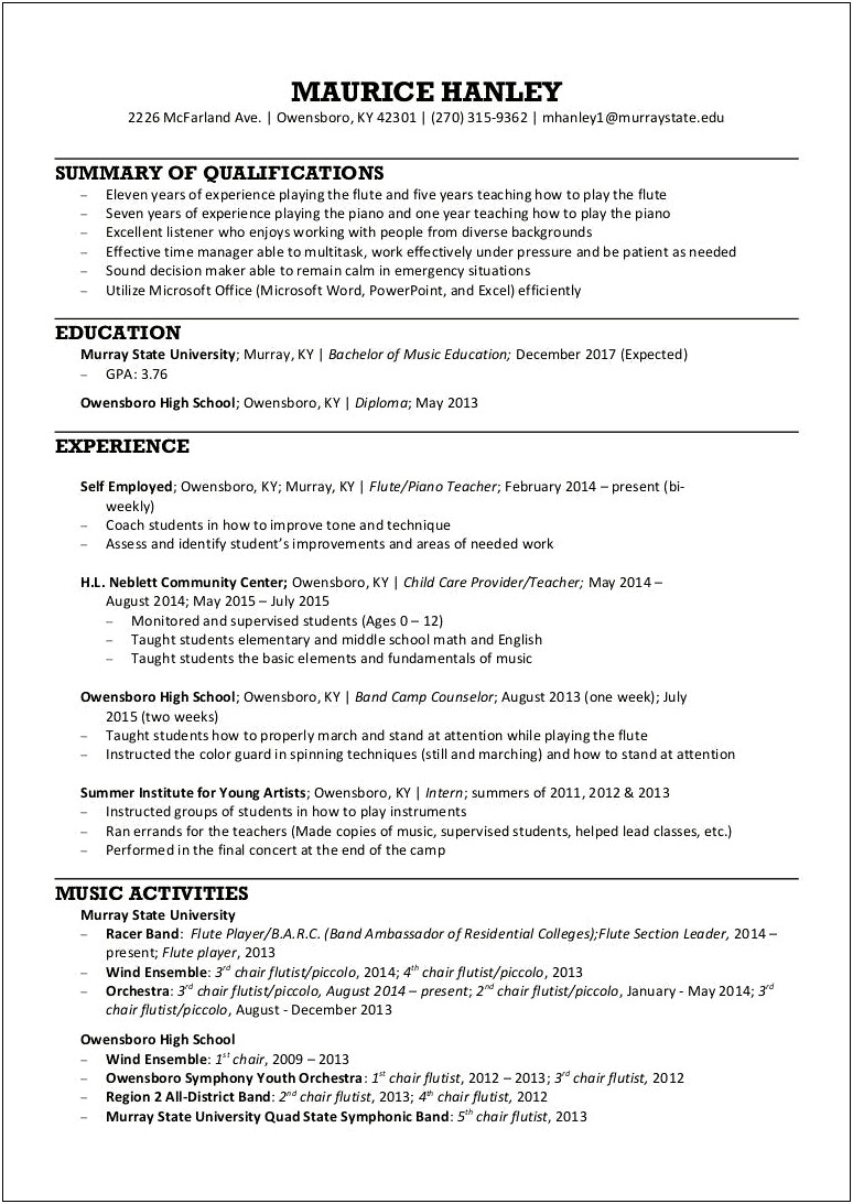 Resume For A High School Music Section Leader