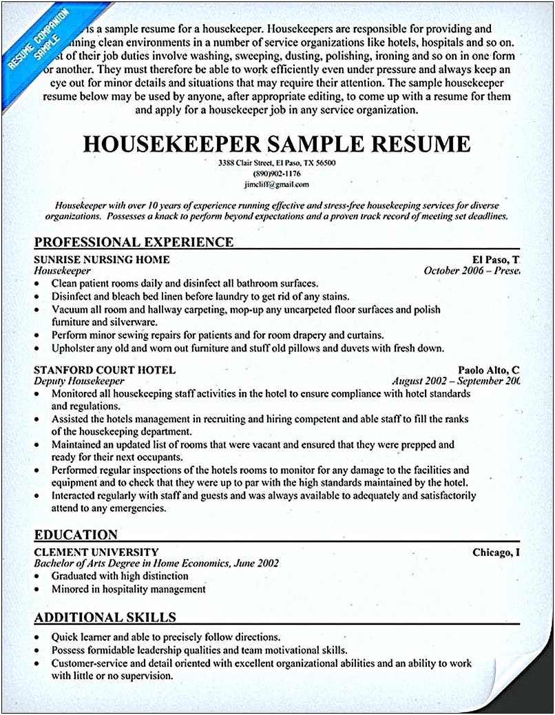 Resume For A Hospital Housekeeping Manager