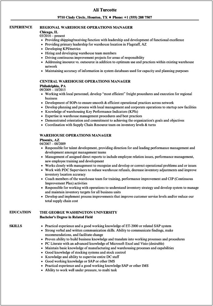 Resume For A Job In Warehouse