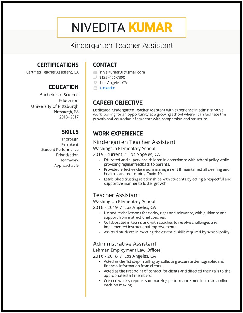 Resume For A Preschool Teacher Sample