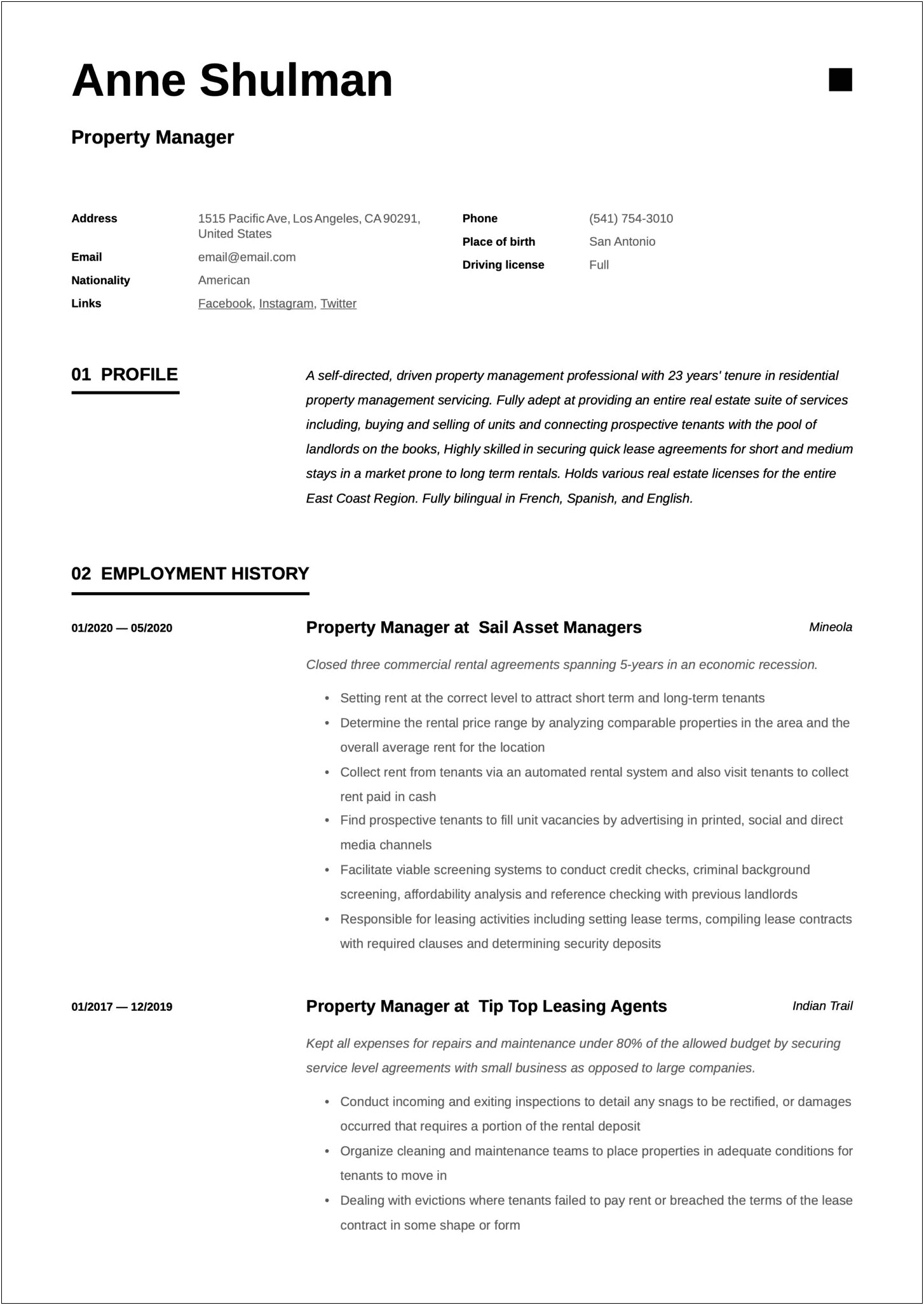 Resume For A Property Manager Example