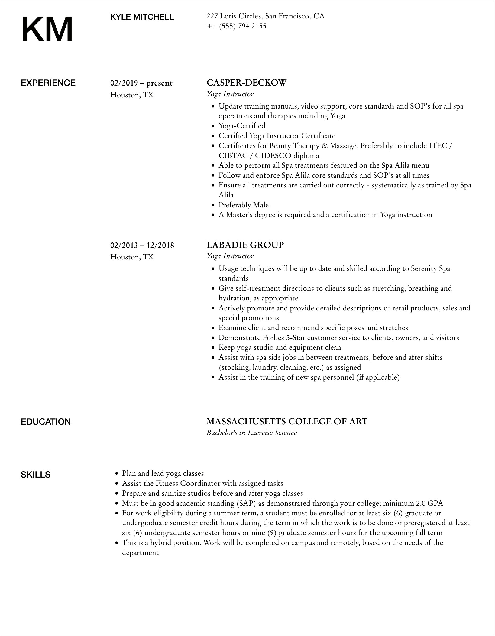 Resume For A Yoga Instructor With Little Experience