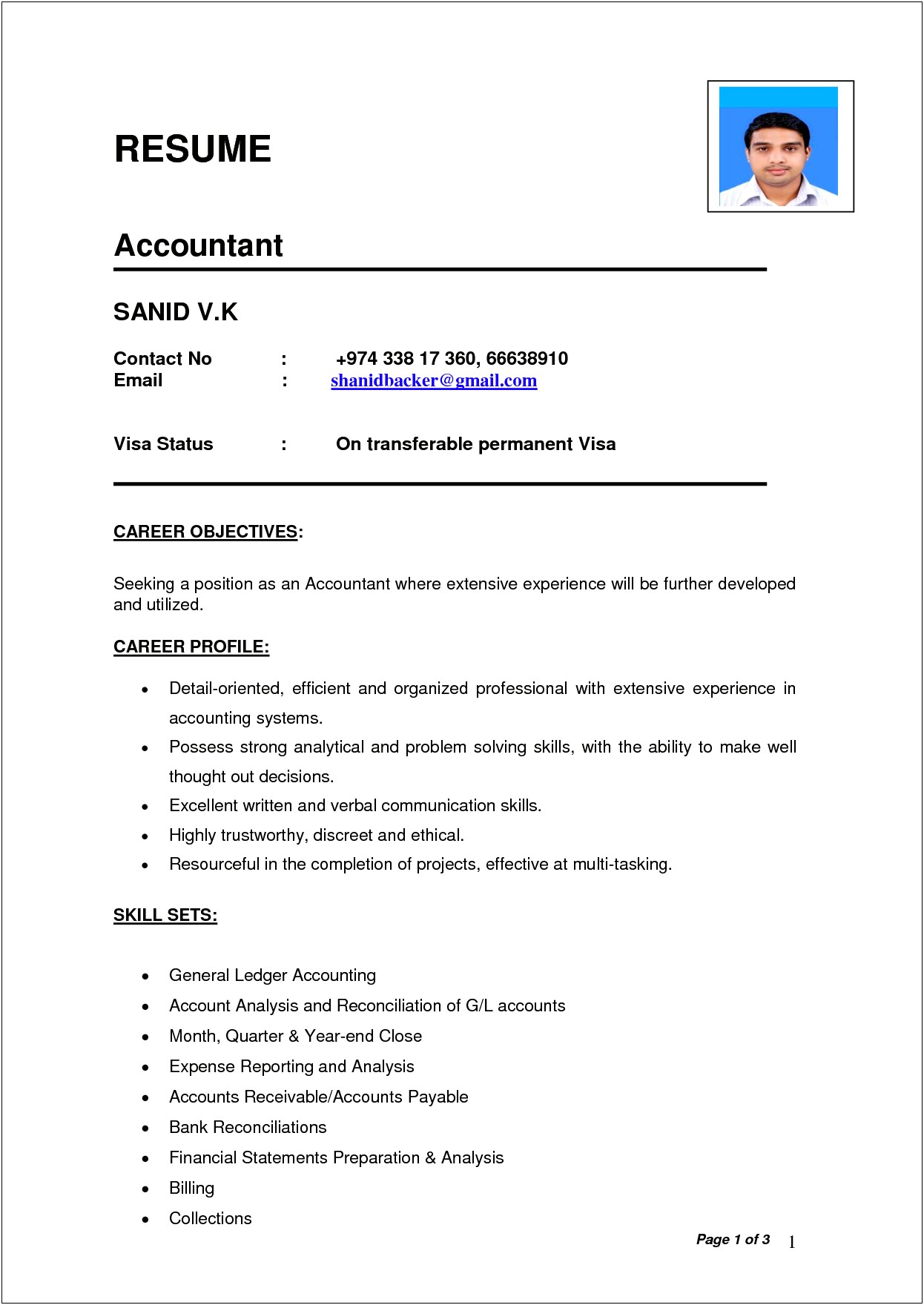 Resume For Accountant In Word Format For India