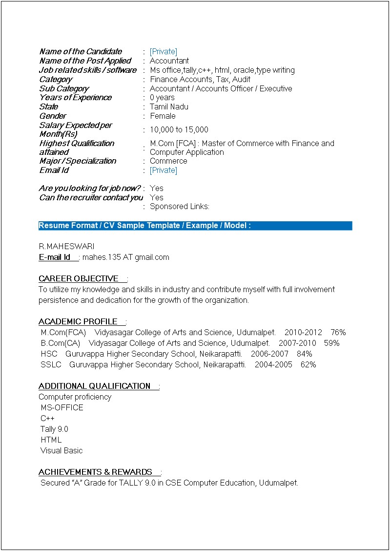 Resume For Accountant Job For Freshers