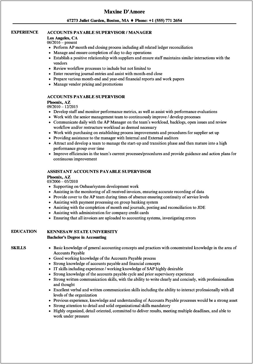 Resume For Accounts Payable Assistant Manager