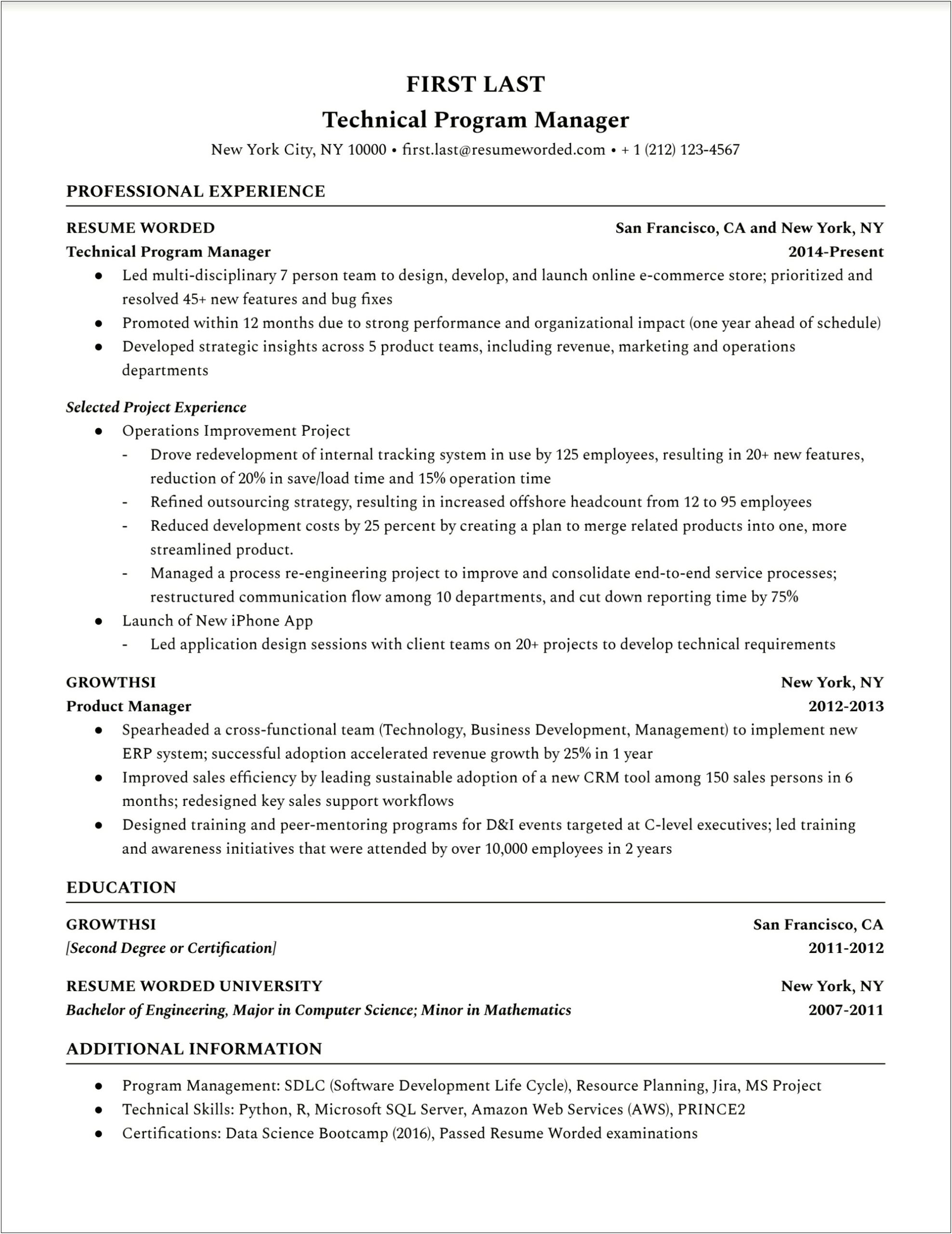 Resume For Amazon Technical Program Manager