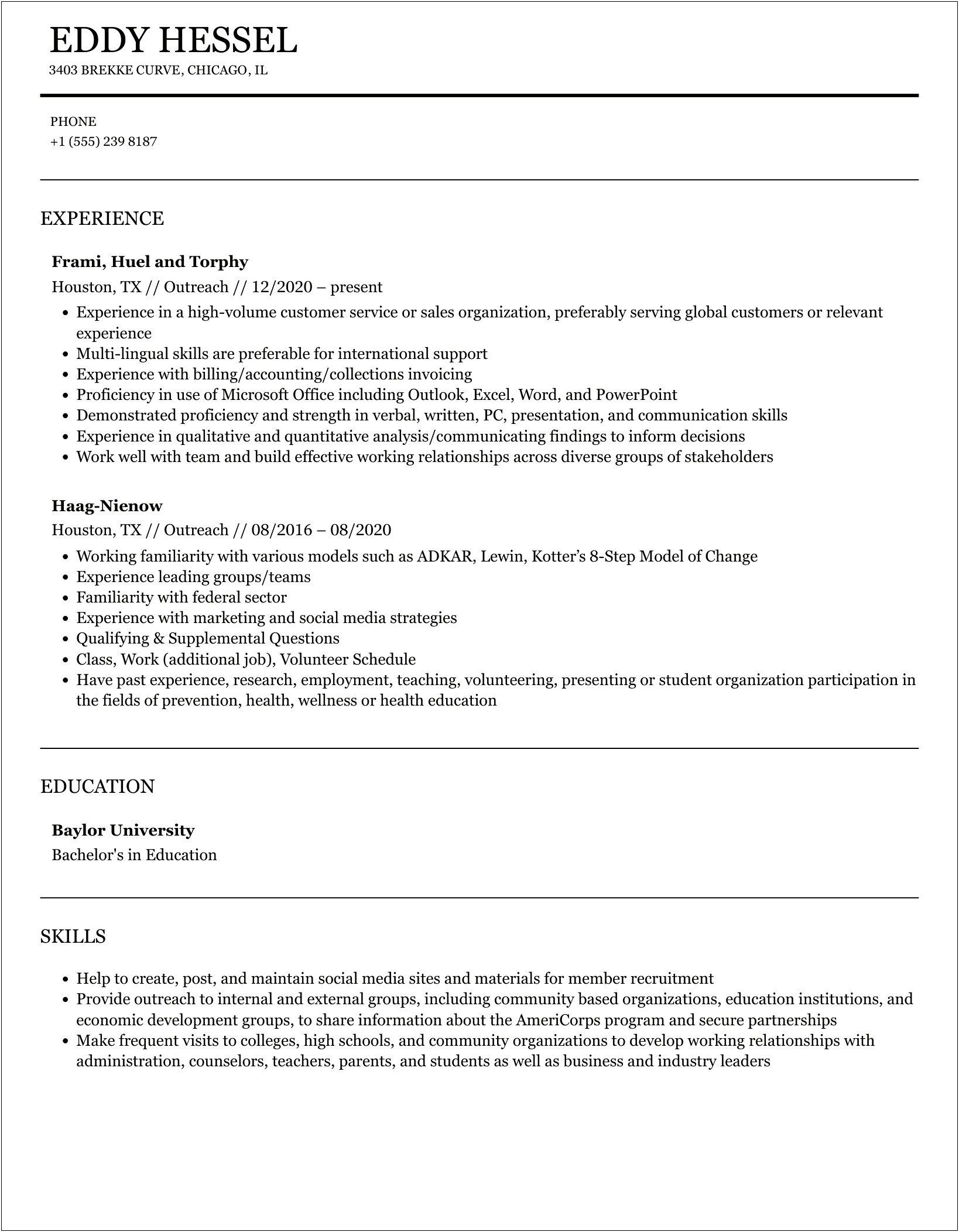 Resume For Americorps Job In An Elementary School