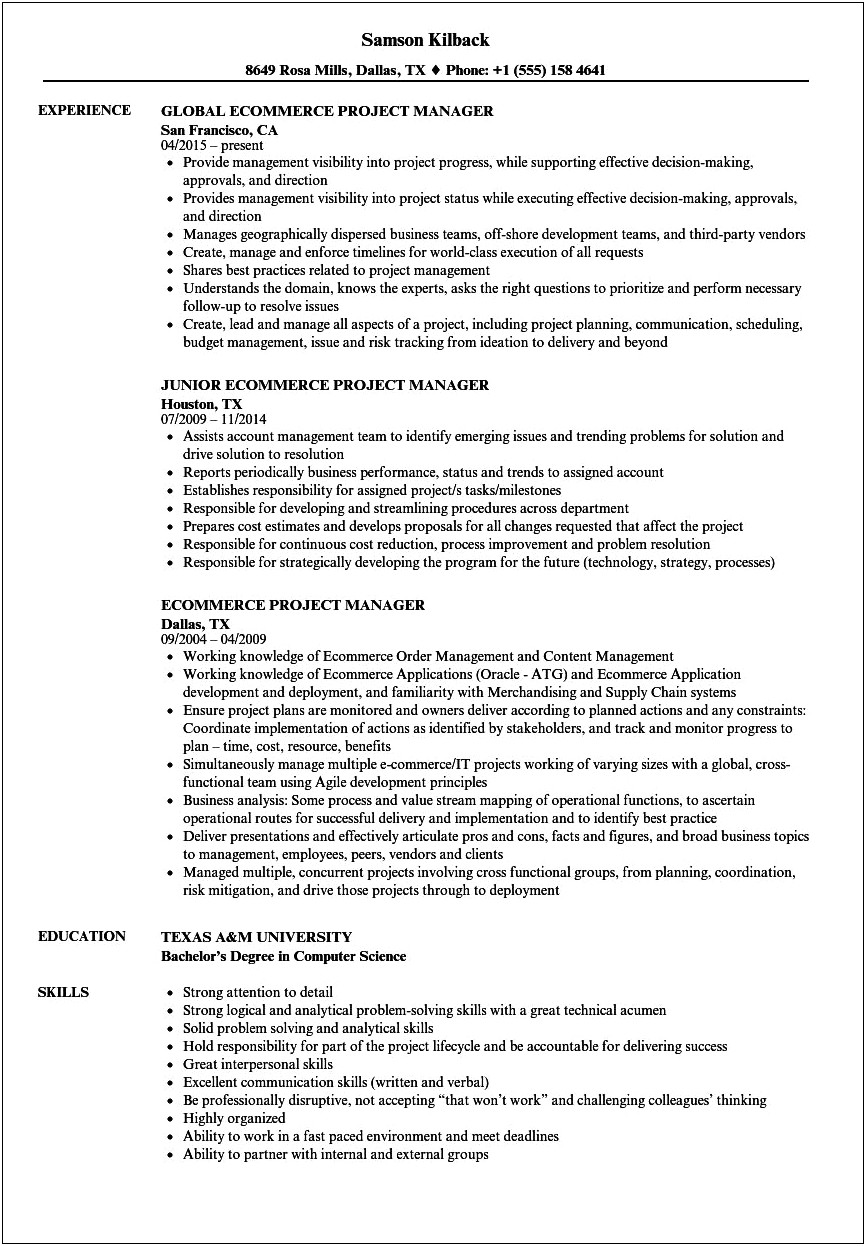 Resume For An Ecommerce Project Manager