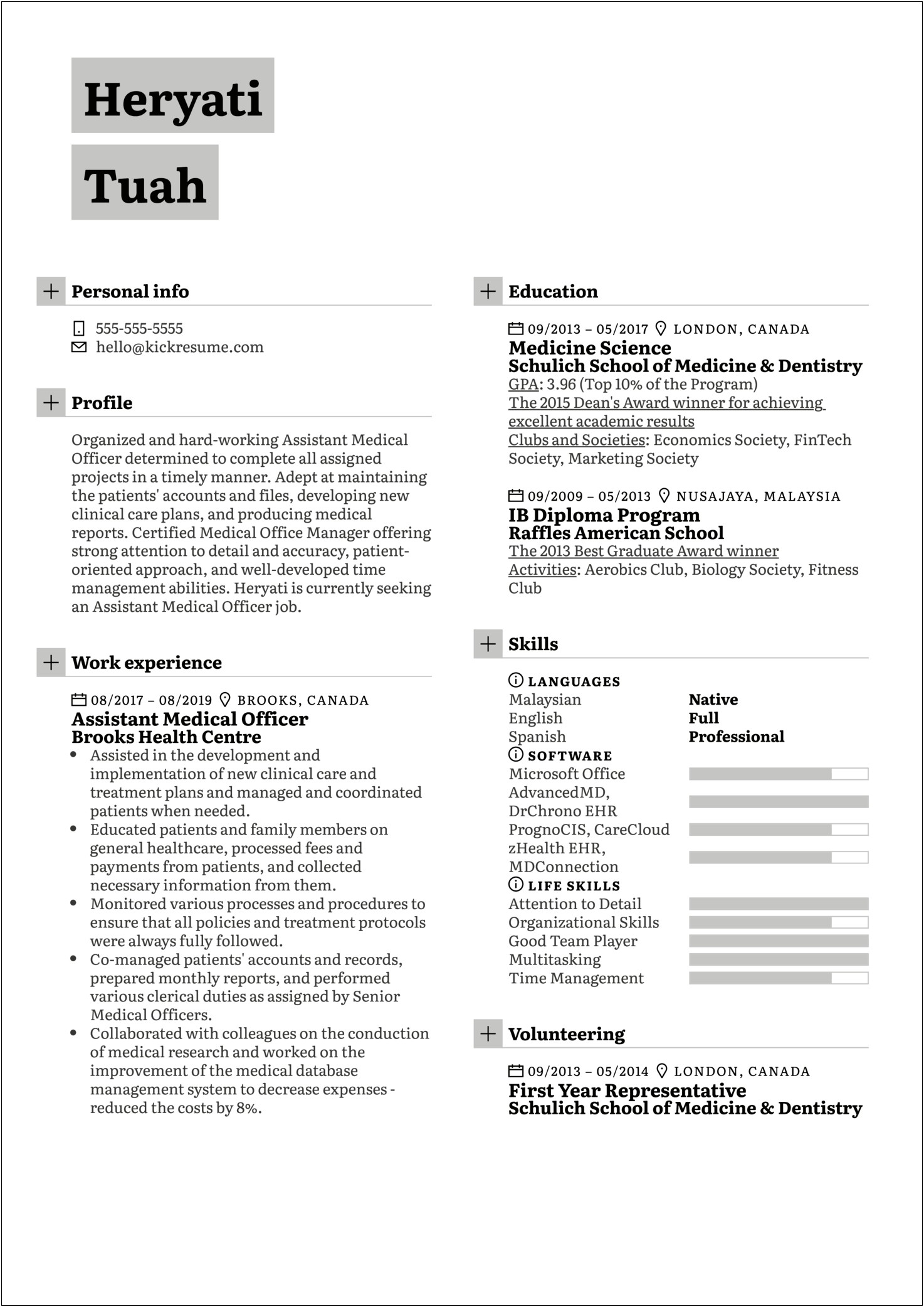 Resume For Application To Medical School