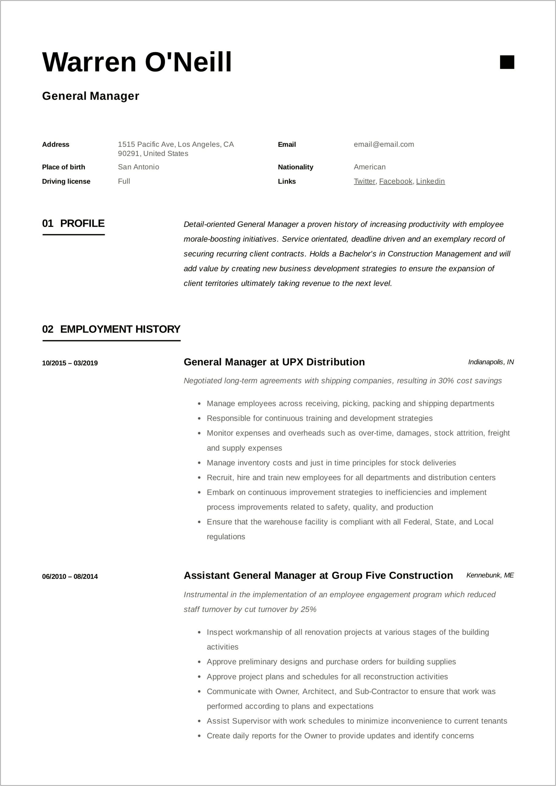 Resume For Assistant General Manager Of A Gym