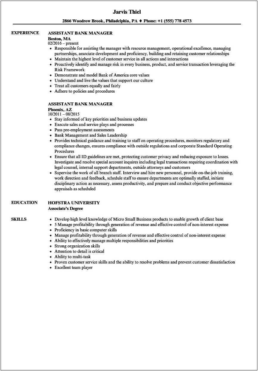 Resume For Assistant Manager In Banks