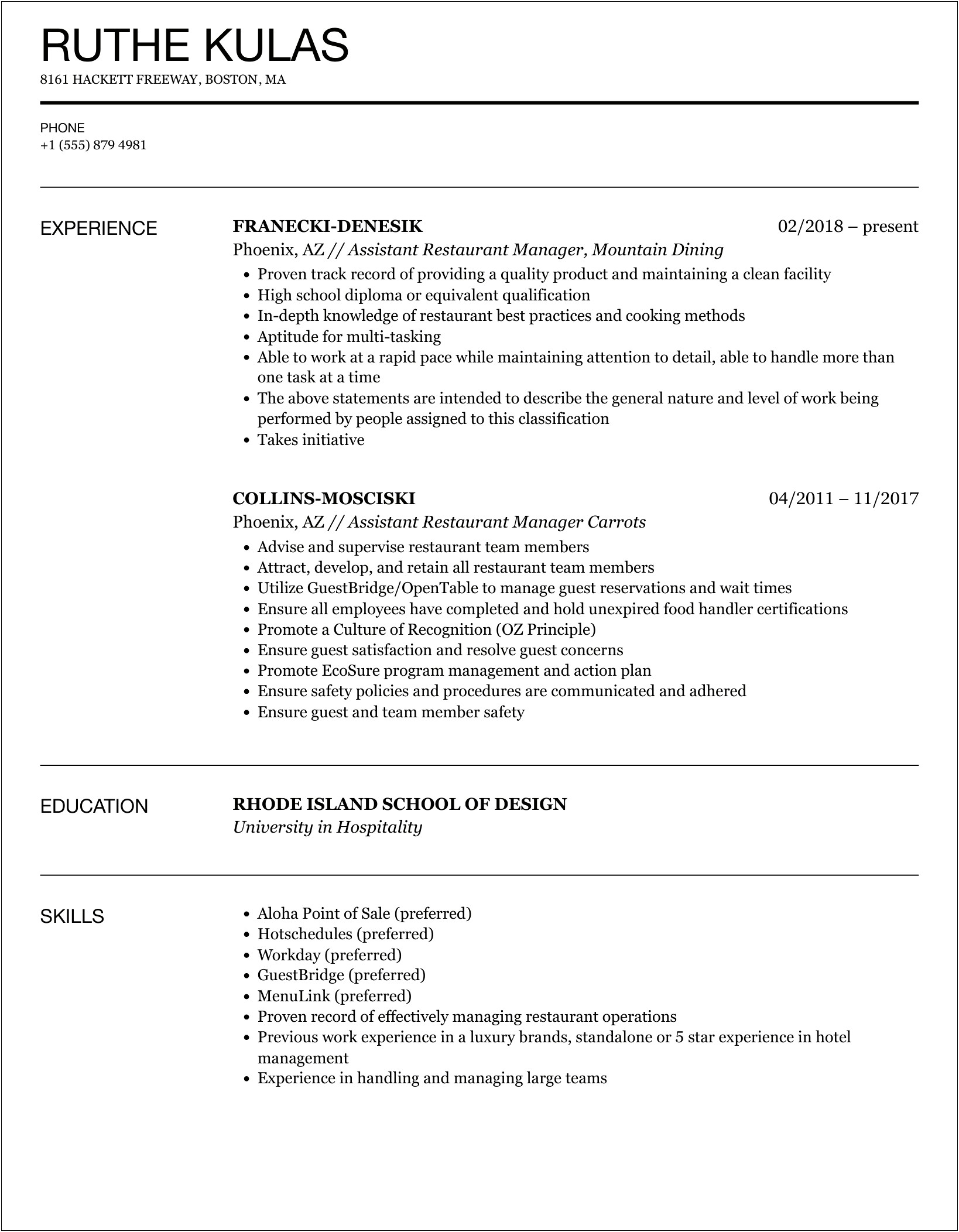 Resume For Assistant Manager In Restaurant