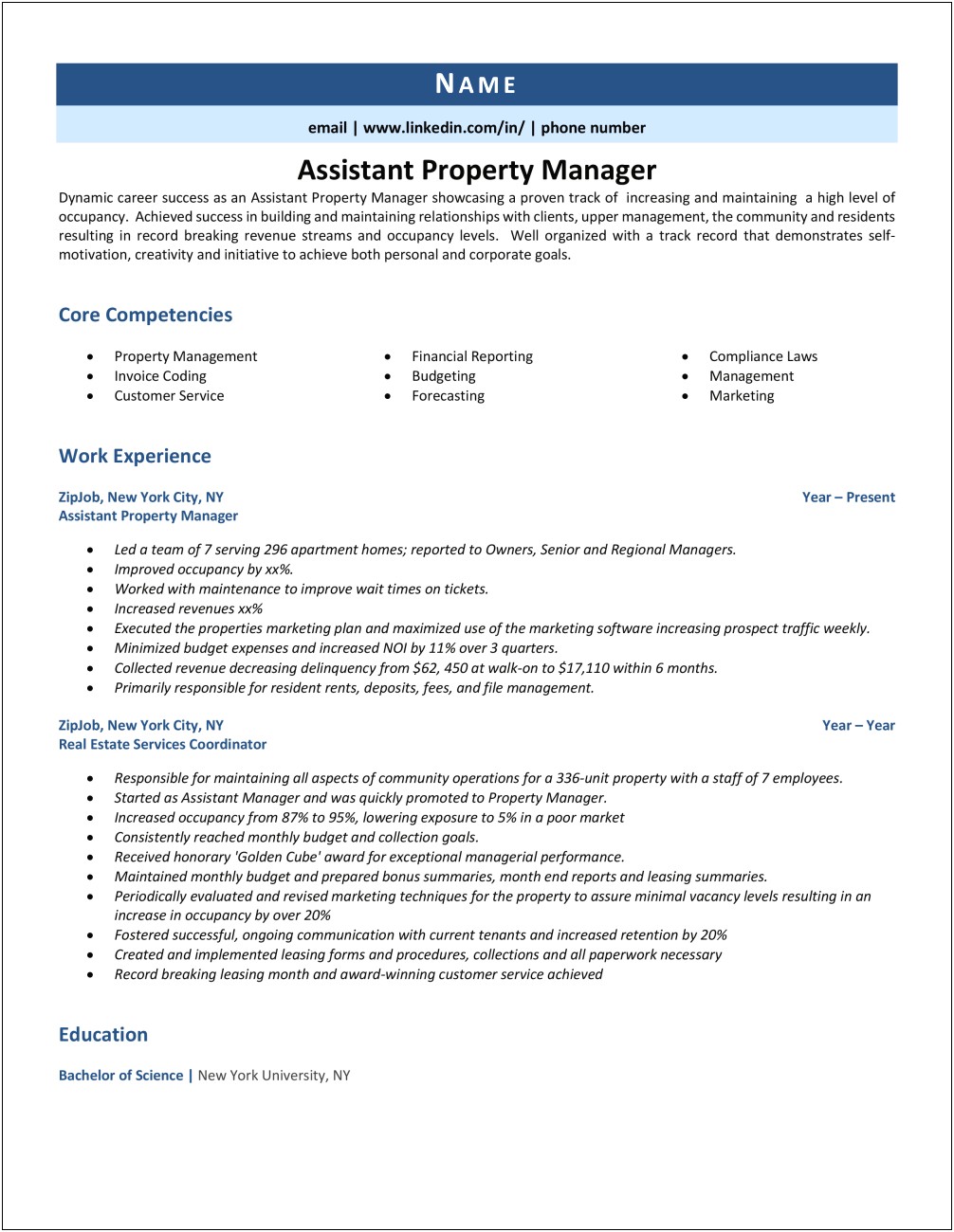 Resume For Assistant Property Manager Position