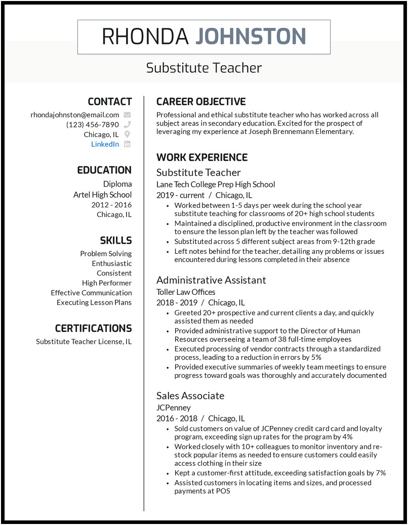 Resume For Assistant Substitute Teacher With No Experience