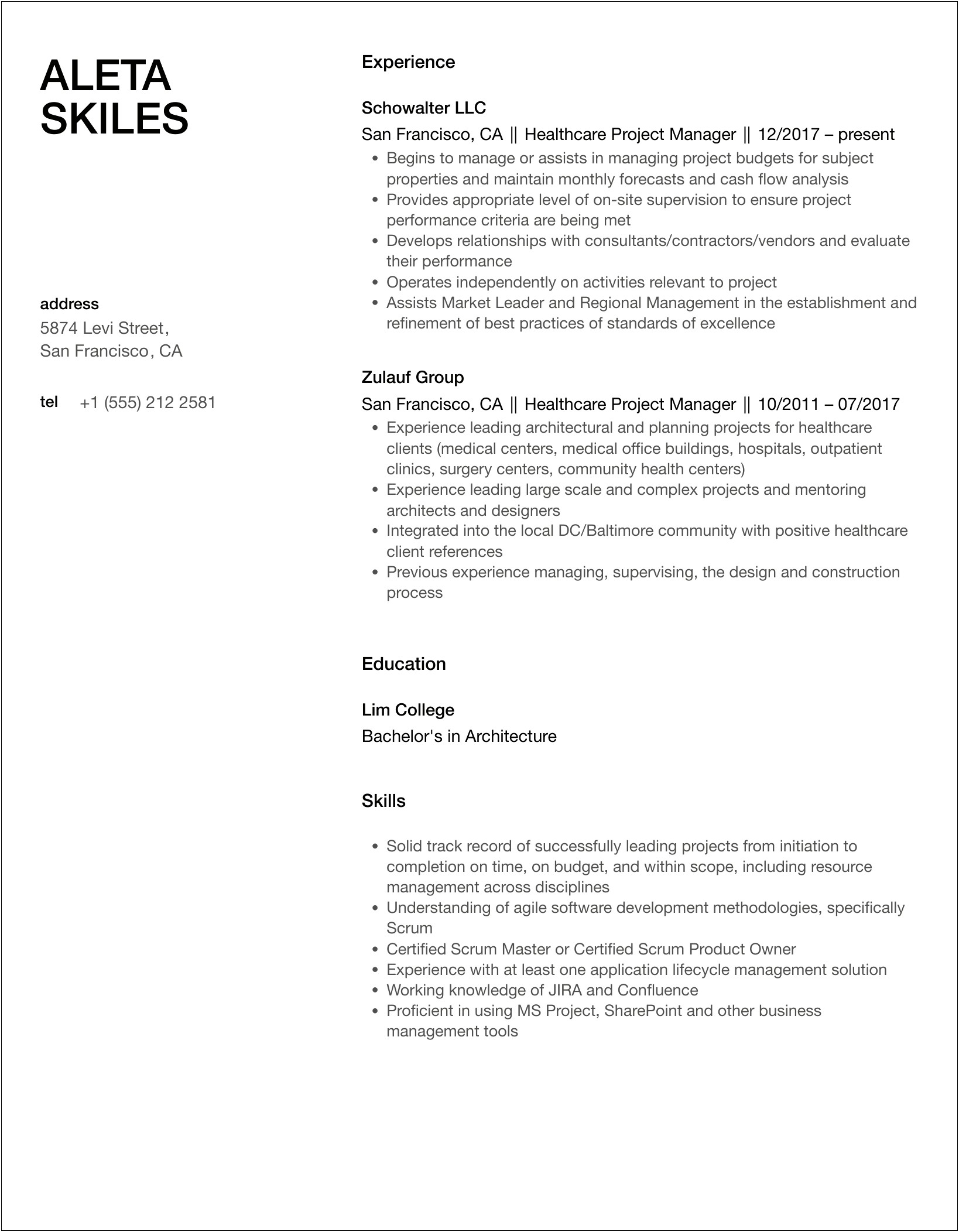 Resume For A&w Healthcare Management