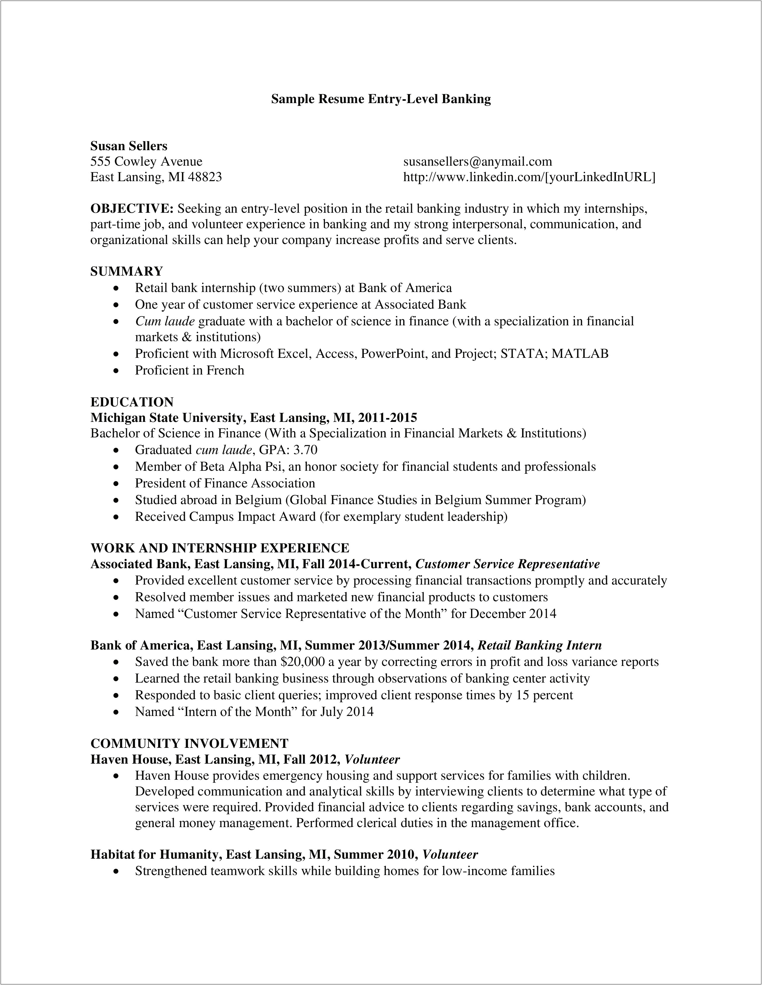 Resume For Bank Of America Jobs