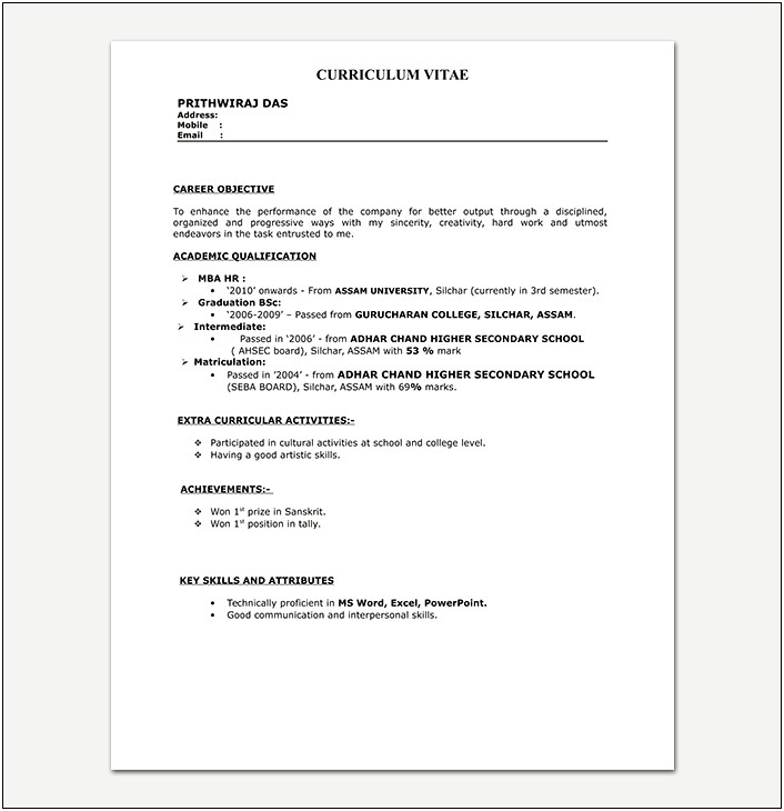 Resume For Ca Fresher In Word Format
