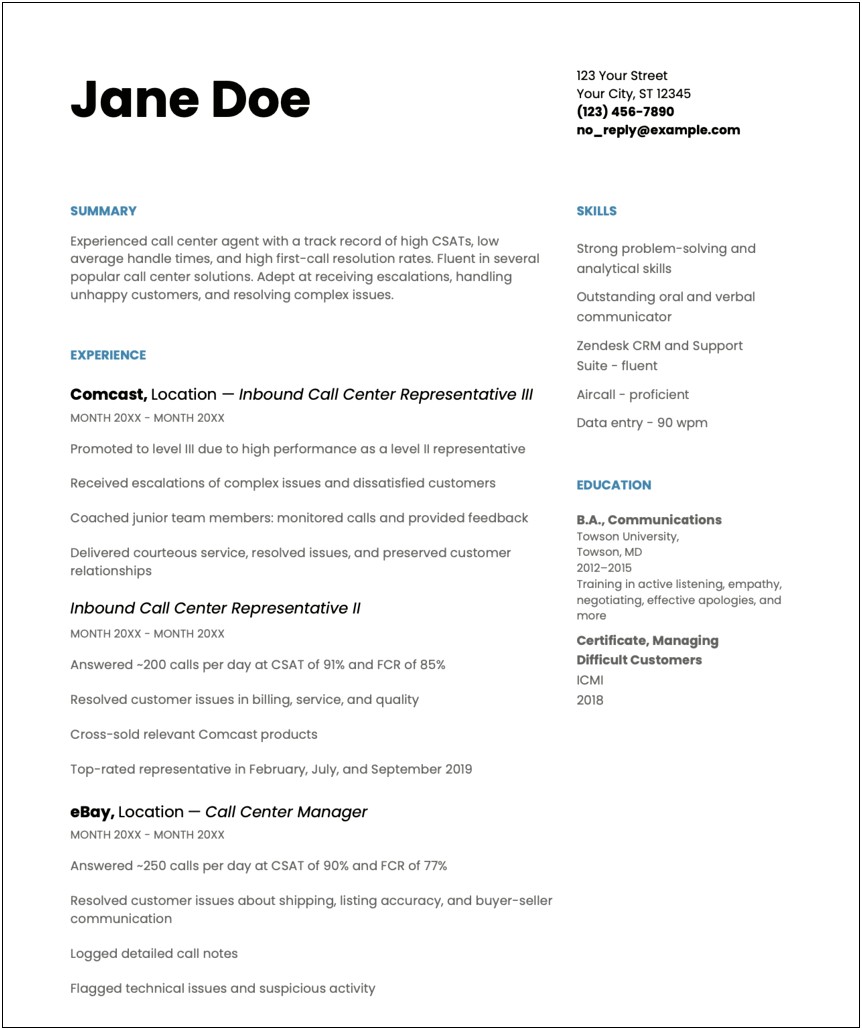 Resume For Call Center Agent Template
