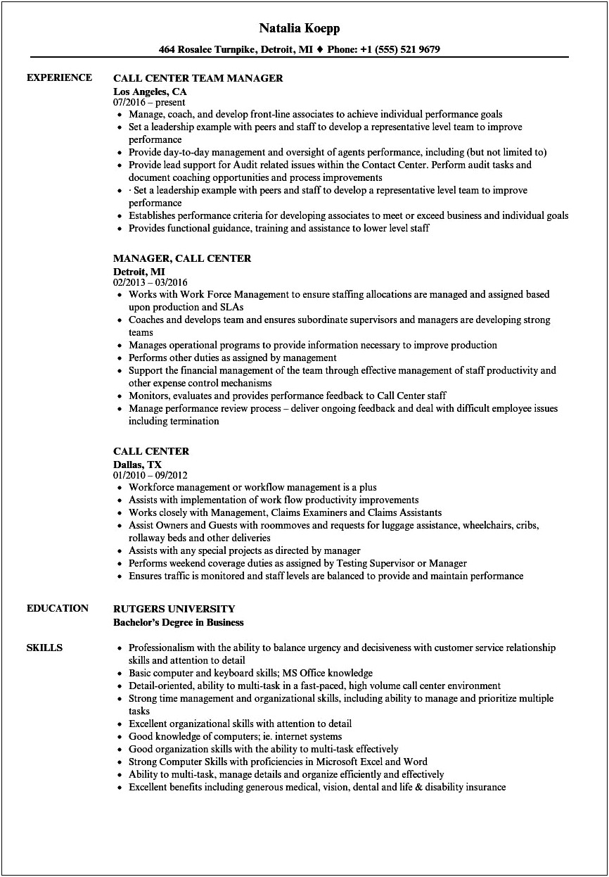 Resume For Call Center Job Pdf