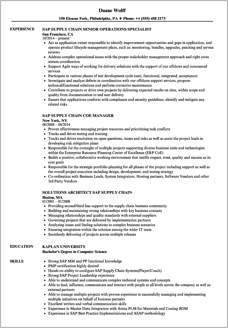 Resume For Consultants In Supply Chain Managment