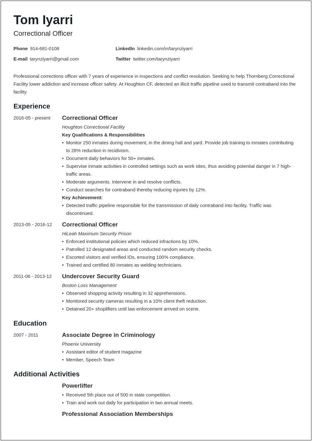 Resume For Correctional Officer With No Experience
