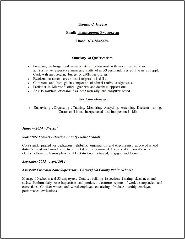 Resume For Custodial Worker School District