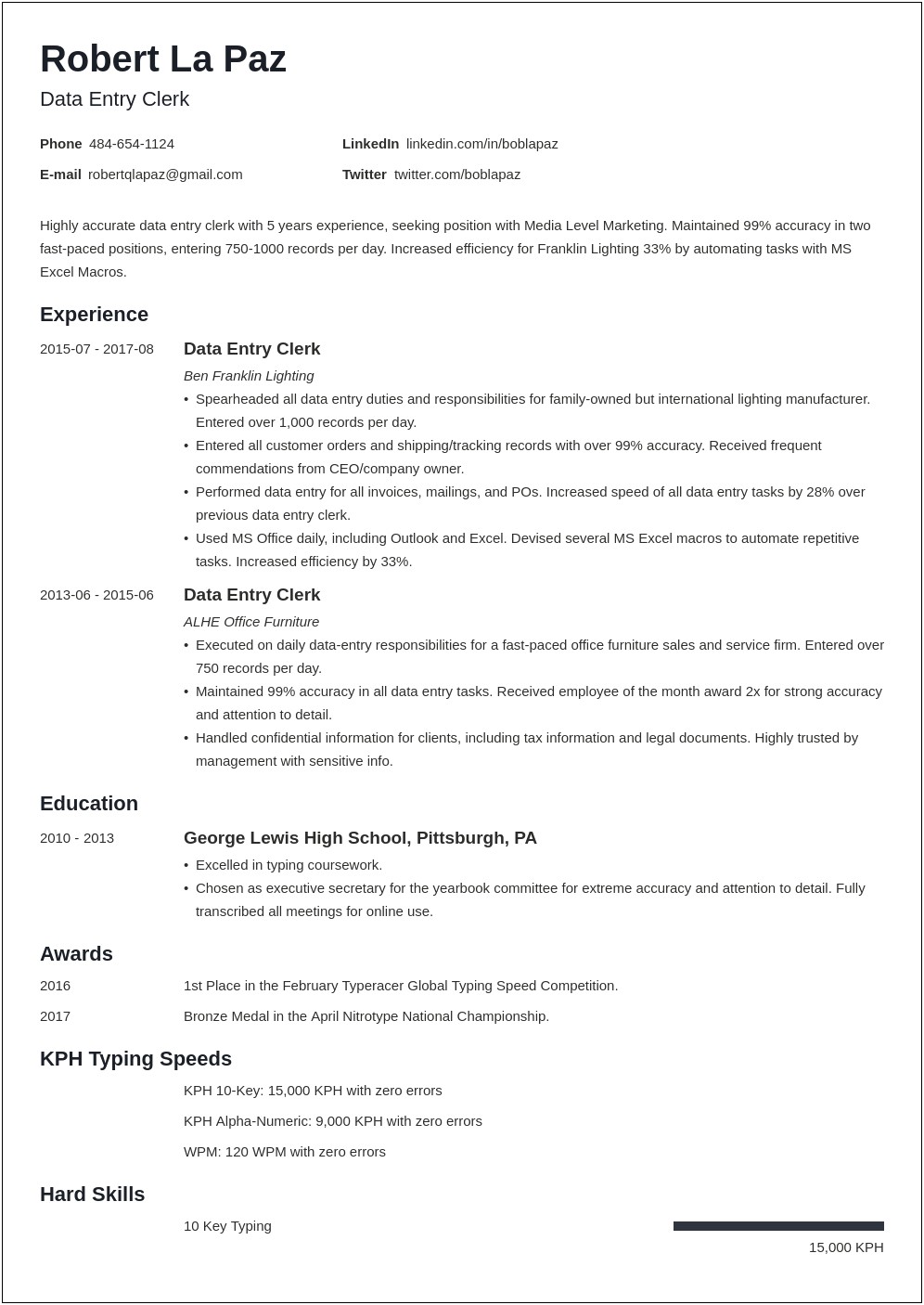 Resume For Data Entry Operator With Experience Download